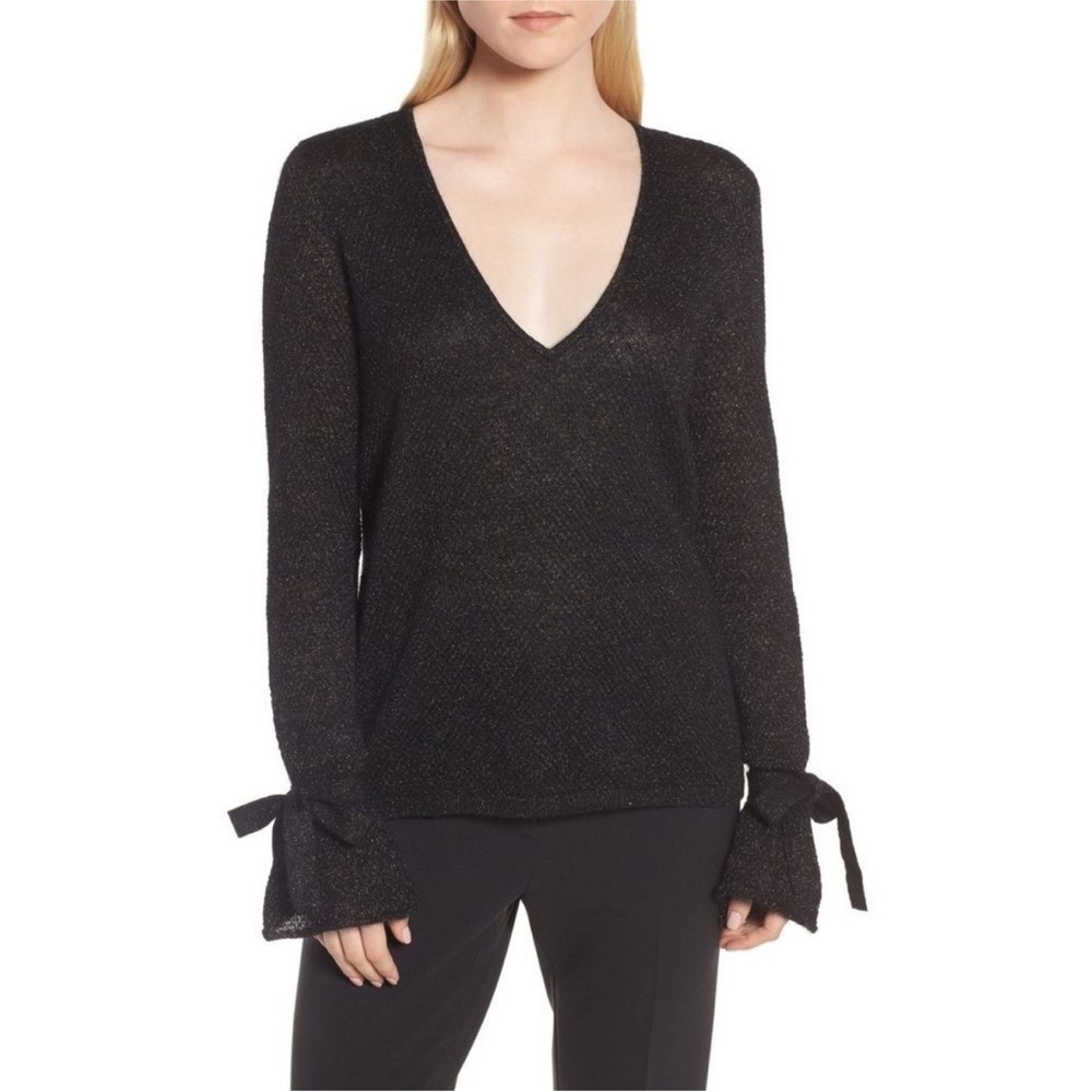 Lewit Metallic Mohair Blend V-Neck Tie Sleeve Sweater Size Medium